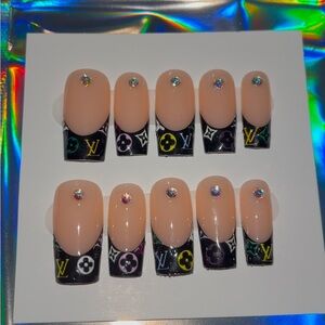 10 PC Hand Crafted Black Multicolor Nails NWT